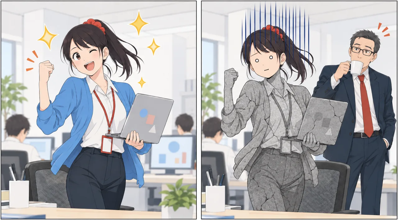 絵:ノートPCを抱えて得意げな平野さんが、コーヒーを飲む本部長のひと言で石のように固まる