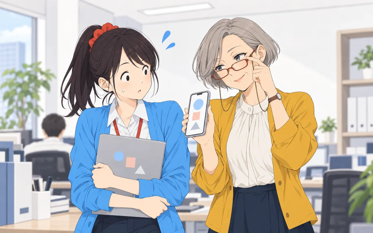 絵:眼鏡を鼻先にずらしてスマホを差し出す森さんと、汗をかいてきょとんとする平野さん