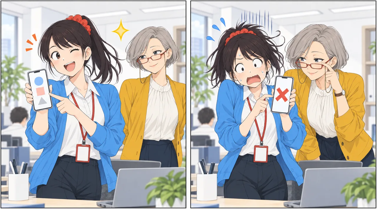 絵：得意げにスマホをタップした平野さんが、画面の大きな×に崩れ、後ろから森さんがのぞき込む