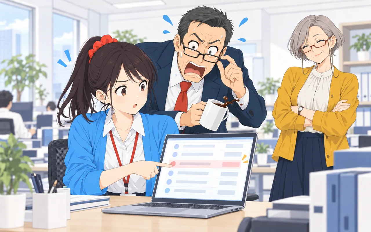 絵：受信メールの1行を指さす平野さん、のぞき込んで驚きコーヒーをこぼしかける本部長、奥で腕組みして笑う森さん