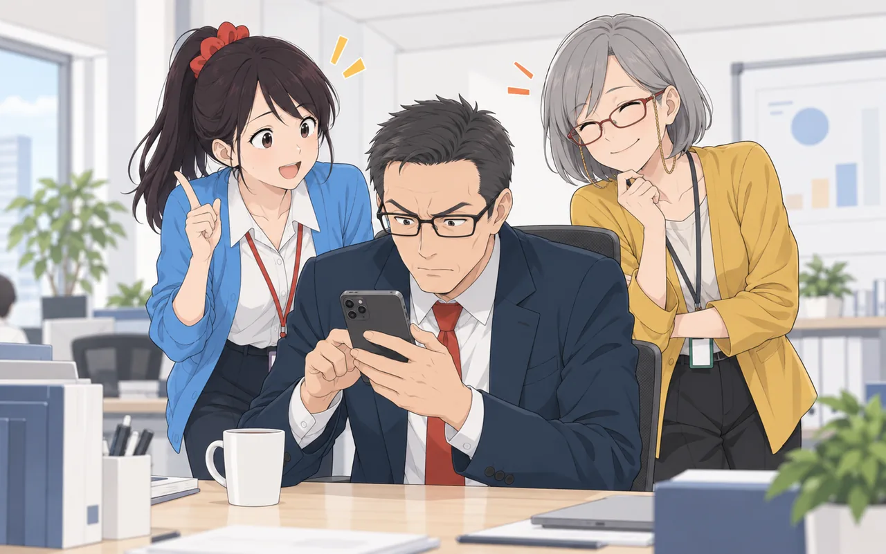 絵：自分の席でスマホの1問を真剣に解く本部長と、後ろで笑う平野さん・森さん